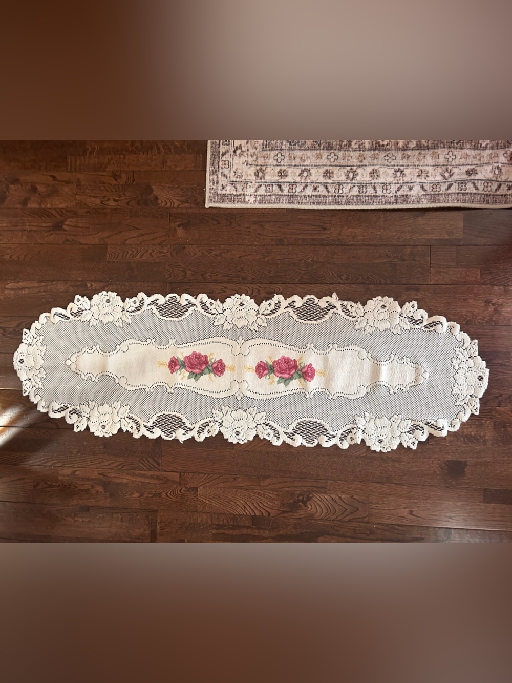 Vintage Ivory Lace Table Runner with Rose Needlepoint | Extra Long Floral